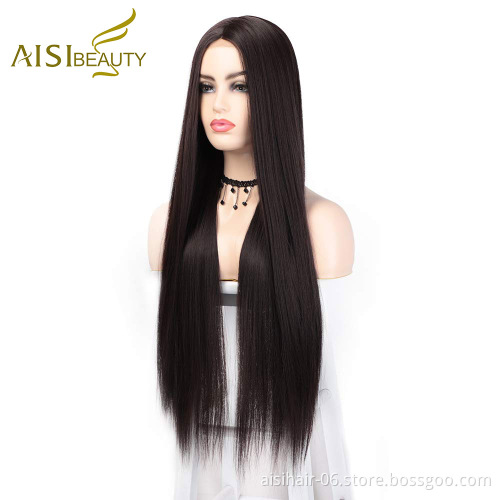 Aisi Beauty Vendor Cheap Long Natural Straight Middle Part Brown Wig Lace Front Synthetic Hair For Black Women Lace Front Wig